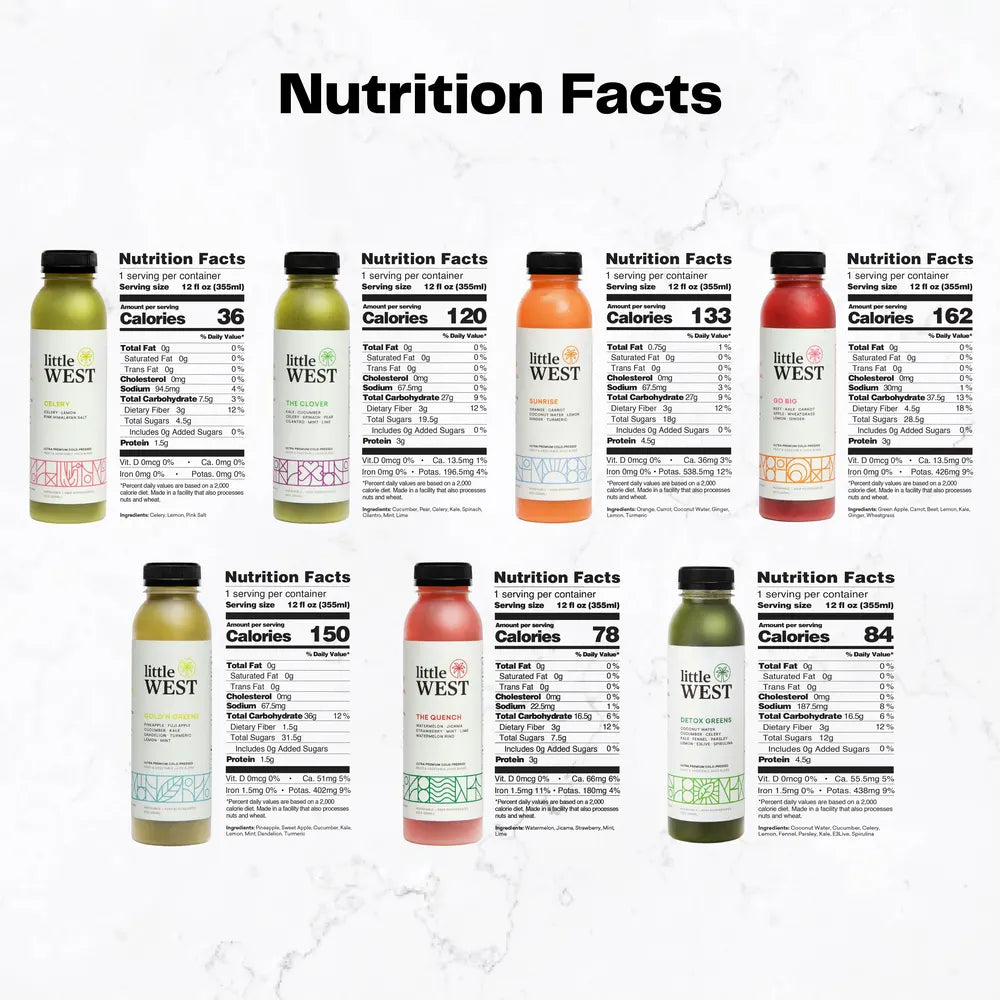Nutrition facts for each juice in the 5 day or 7 day juice cleanse kit
