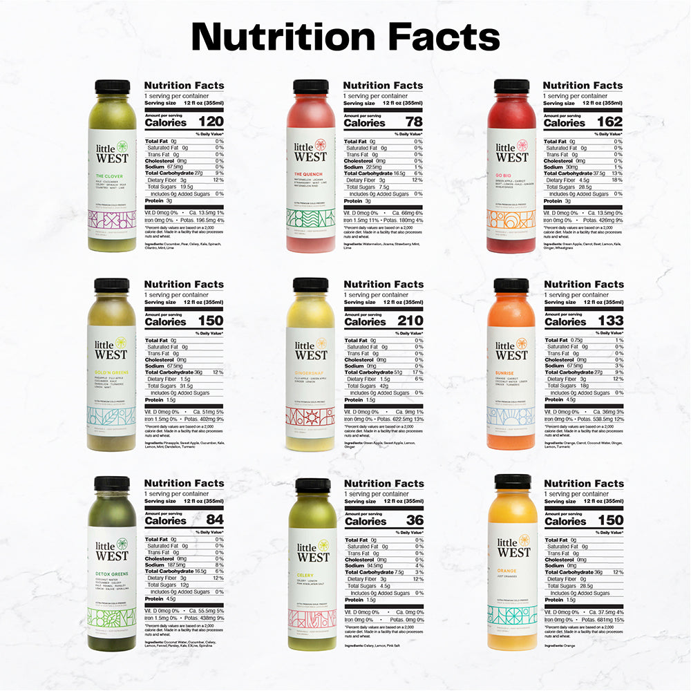 Nutrition facts for every juice in The Classics Sampler vegetable and fruit juice kit